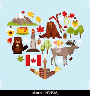 Elementi decorativi colorati in Canada disposti in figura vettoriale a forma di cuore. Illustrazione Vettoriale