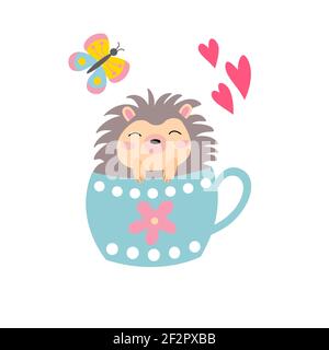 Carino hedgehog cartoon in una tazza blu, farfalla e cuore in grafica vettoriale, su uno sfondo bianco. Composizione per la progettazione di cartoline, stampe Illustrazione Vettoriale