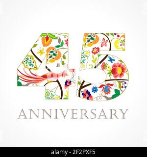 45 anni di lusso festeggiando il logo folk. Modello colorato 45 auguri felice anniversario, fiori etnici, piante, uccelli paradiso. Tradizionale Illustrazione Vettoriale