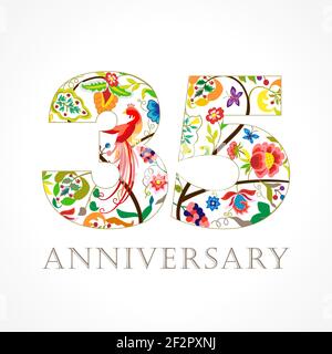 35 anni di lusso festeggiando il logo folk. Modello colorato 35 auguri felice anniversario, fiori etnici, piante, uccelli paradiso. Tradizionale Illustrazione Vettoriale