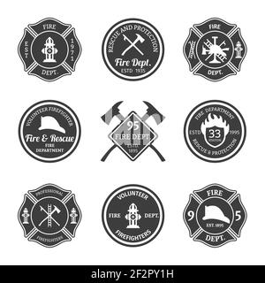 Vigili del fuoco professionisti attrezzature per vigili del fuoco nero emblemi set vettore isolato illustrazione Illustrazione Vettoriale