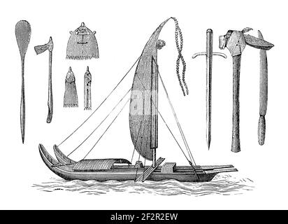 Antica illustrazione del XIX secolo di manufatti polinesiani. Incisione pubblicata su Systematischer Bilder-Atlas zum Conversations-Lexikon, Ikonographisc Foto Stock