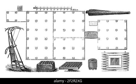 Antica illustrazione del XIX secolo di manufatti indonesiani. Incisione pubblicata su Systematischer Bilder-Atlas zum Conversations-Lexikon, Ikonograp Foto Stock