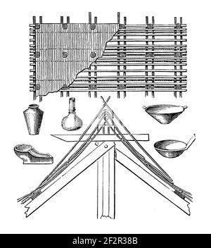 Incisione antica di manufatti provenienti dall'Indonesia. Illustrazione pubblicata in Systematischer Bilder-Atlas zum Conversations-Lexikon, Ikonographische Encykl Foto Stock