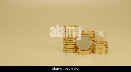 La banca del piggy e le monete d'oro si accatastano su sfondo giallo. Risparmio di denaro e pianificazione finanziaria. Rendering 3D. Foto Stock