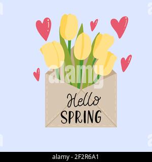 Composizione scritta - busta, bouquet di tulipani e iscrizione ciao spring - in grafica vettoriale, su sfondo blu. Per la progettazione di poster Illustrazione Vettoriale