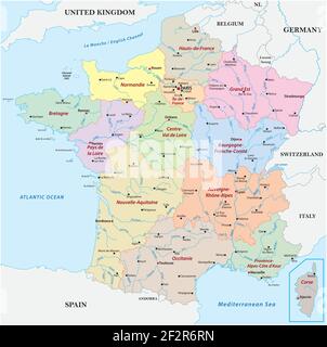 Mappa vettoriale Francia con le regioni, i fiumi e le città più importanti Illustrazione Vettoriale