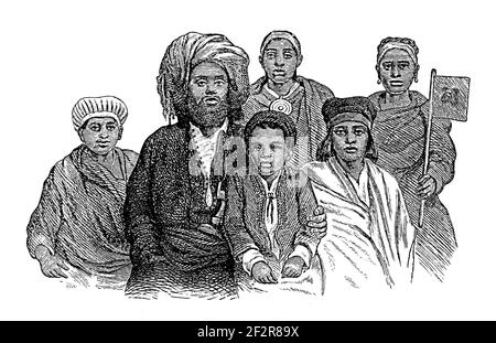 Antica illustrazione ottocentesca di una famiglia swahili. Incisione pubblicata su Systematischer Bilder-Atlas zum Conversations-Lexikon, Ikonographische E. Foto Stock