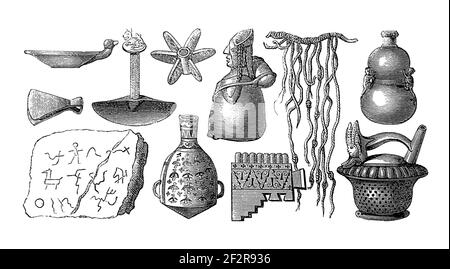 Incisione ottocentesca di manufatti inca. Illustrazione pubblicata in Systematischer Bilder-Atlas zum Conversations-Lexikon, Ikonographische Encyklopaed Foto Stock