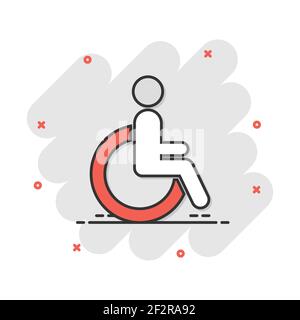 Vector cartoon uomo in carrozzella icona in stile fumetto. Portatori di handicap segno non valido illustrazione pittogramma. La gente di affari effetto splash concept. Illustrazione Vettoriale