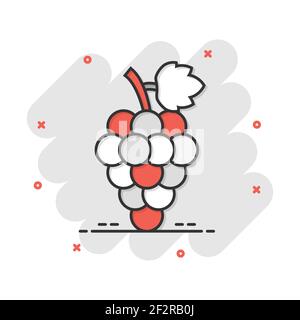 Vector cartoon uva frutta con icona di foglia in stile fumetto. Segno del vino illustrazione pittogramma. Grapevine business effetto splash concept. Illustrazione Vettoriale