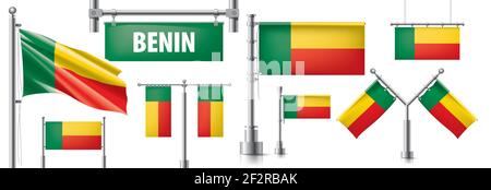 Insieme vettoriale della bandiera nazionale del Benin in vari disegni creativi Illustrazione Vettoriale