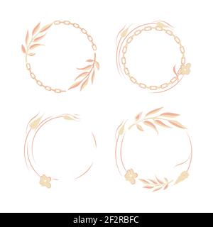 Set di fiori foglie cornice bordo rotondo con catena in oro. Forma circolare della corona senza cuciture. Wreath disegno floreale, cornice di testo. Illustrazione vettoriale isolata Illustrazione Vettoriale