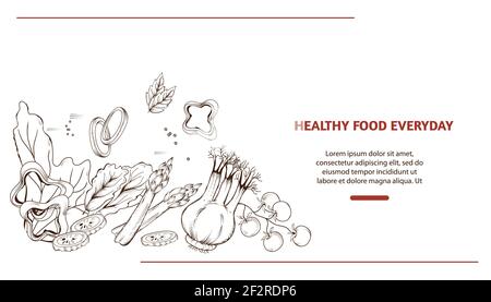 Vegetariano cibo sano consegna e vendita con verdure in stile incisione, vettore piatto. Illustrazione Vettoriale