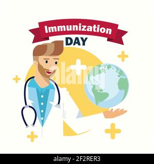 Poster della Giornata Mondiale dell'immunizzazione, vaccinazione sanitaria e vettore di illustrazione medico Illustrazione Vettoriale