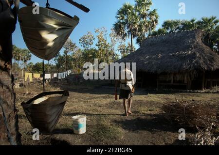 Andreas Mooy camminando verso la sua casa, prendendo una pausa dalla raccolta e dal trasporto di palma sap nel villaggio di Oehandi, Isola di Rote, Indonesia. Foto Stock