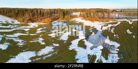 Vista aerea dei campi a molla. Scioglimento della neve, piscine d'acqua sui prati. Cambio di stagione. Marzo paesaggio rurale. Raccolti invernali e paesaggio arato campo. Bielorussia Foto Stock