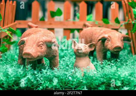 Simbolo del nuovo anno 2019. Neonato maiale giocattolo in ceramica circondato da sua mamma e papà in una penna animale. Anno oroscopo cinese del maiale. 2019 voi nuovi Foto Stock