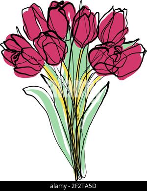 Illustrazione di bouquet di tulipani, schizzo vettoriale di fiore, doodle. Fiori un disegno a linea continua, macchie colorate. Un saluto di primavera. Illustrazione Vettoriale