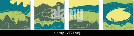 Vibes verdi paesaggi disegnati a mano. Set di tacchi astratti e foglie in cartoni piani di disegno promozionale. Un'illustrazione fresca e naturale. Sistema vettoriale concettuale Illustrazione Vettoriale