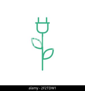 Pianta verde con un tappo e un'icona a forma di foglia. Concetto di energia ecocompatibile. Fonti di energia rinnovabili. Stile di vita sostenibile. Elettricità alternativa. Illustrazione Vettoriale