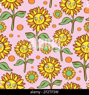 Motivo vettoriale senza cuciture con girasoli su sfondo rosa. Cartoon floreale smiley viso carta da parati design per bambini. Felice moda tessile. Illustrazione Vettoriale