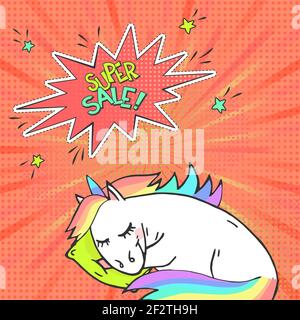 Pubblicità pop art poster con unicorno magico disegnato a mano in stile retrò comic. Bolla di parola con testo SUPER SALE! Sfondo vettoriale. Illustrazione Vettoriale