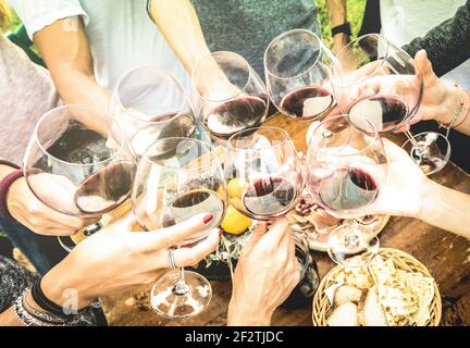 Le mani degli amici tostano il bicchiere di vino rosso e si divertono all'aperto Allietare con la degustazione di vini - giovani che si godono il tempo di raccolta insieme in casa colonica Foto Stock