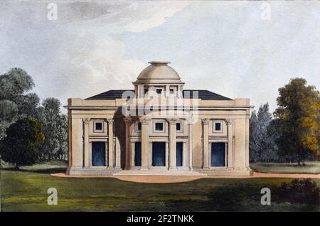 Residenza di famiglia o Casa di famiglia in stile neoclassico, classico o greco (1827) disegno architettonico d'epoca, acquatint o incisione di James Thomson (1827) Foto Stock