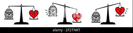 Cute Kawaii stile cervello e cuore su scale di peso, equilibrato o un lato più pesante versione, emozioni e pensiero razionale conflitto concetto Illustrazione Vettoriale