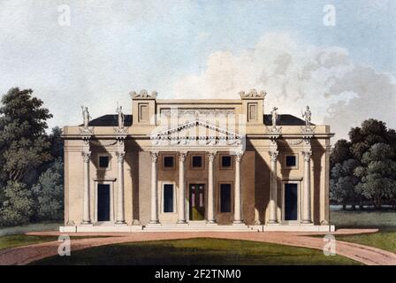 Villa corinziana classica o classica, Casa di famiglia o Casa di campagna inglese (1827) disegno architettonico d'epoca, Aquatint o incisione di James Thomson (1827) Foto Stock