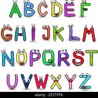 Set di caratteri disegnati a mano in stile cartoon con lettere complete. Illustrazione vettoriale delle lettere dell'alfabeto inglese con il fac divertente Illustrazione Vettoriale