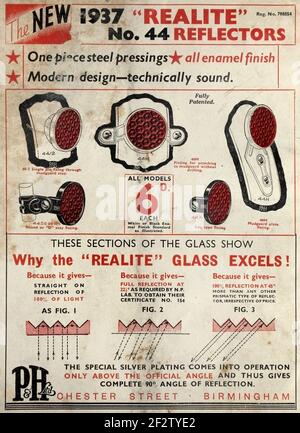 Pubblicità Vintage 1937 per riflettori di biciclette "Realite" britannici. Foto Stock