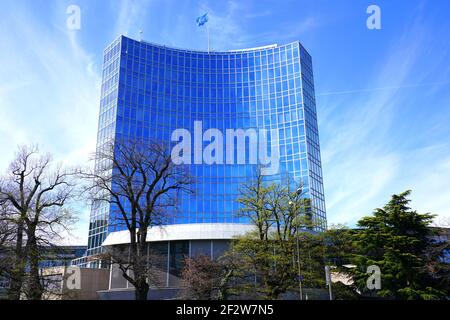 GINEVRA, SVIZZERA -5 Apr 2019- Vista esterna della costruzione dell'Organizzazione mondiale della proprietà intellettuale (OMPI), un'agenzia delle Nazioni Unite con sede Foto Stock