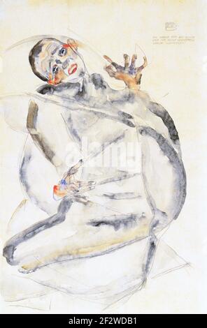 Self-Portrait ' i will liently resure for Art and My Loved ones ( Ich werde für die Kunst und meine Geliebten gerne ausharren)' di Egon Schiele (1890-1918), pennello e acquerello su washi, 1912. Autoritratto di Schiele in carcere Foto Stock