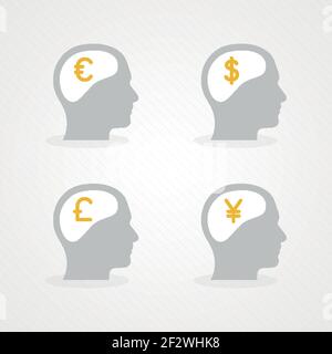 Set: Cervello e denaro. Valute diverse. Euro, dollaro, sterlina, yen. Illustrazione vettoriale, design piatto Illustrazione Vettoriale