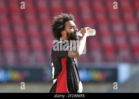 LONDRA, REGNO UNITO. 13 MARZO: Junior Brown of Scunthorpe durante la partita Sky Bet League 2 tra Leyton Orient e Scunthorpe si sono Uniti al Matchroom Stadium di Londra sabato 13 Marzo 2021. (Credit: Ivan Yordanov | MI News) Credit: MI News & Sport /Alamy Live News Foto Stock