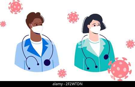 Nell'illustrazione, i medici di sesso maschile e femminile sono circondati dai batteri del coronavirus. I medici stanno combattendo la pandemia del coronavirus COVd-19. Stile piatto vettoriale. Europeo e afroamericano Illustrazione Vettoriale