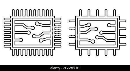 Due icone chip o microchip. Tratto modificabile. Processore centrale del computer, simbolo del chip nero. Stile piatto. Illustrazione vettoriale Illustrazione Vettoriale