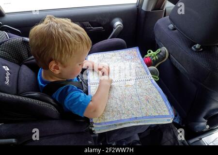 Un ragazzino (2 anni) lettura di una mappa sul retro dell'auto Foto Stock