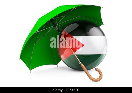 Bandiera palestinese sotto ombrello. Protezione e sicurezza del concetto di Palestina, rendering 3D isolato su sfondo bianco Foto Stock