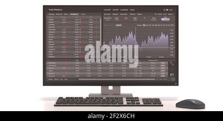 Piattaforma commerciale, commercio di forex. Analisi del mercato azionario, app di monitoraggio sullo schermo del computer. Opzione binaria, grafico a candele. Finanza aziendale, Foto Stock