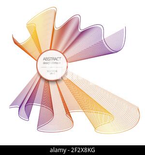 Arco a velo luminoso con cornice rotonda. Colori viola, arancione, giallo. Forma d'onda asimmetrica. Modello di onda vettoriale. Sciarpa che scorre ondulata. Design line art Illustrazione Vettoriale