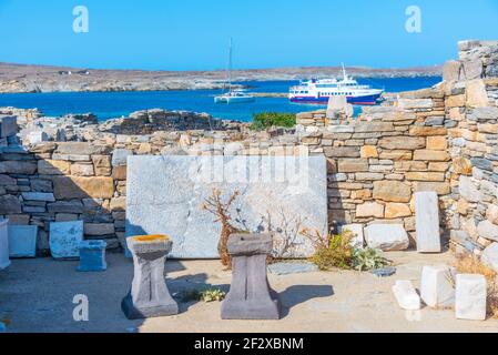 Antiche rovine dell'isola di Delos in Grecia Foto Stock