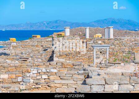 Antiche rovine dell'isola di Delos in Grecia Foto Stock