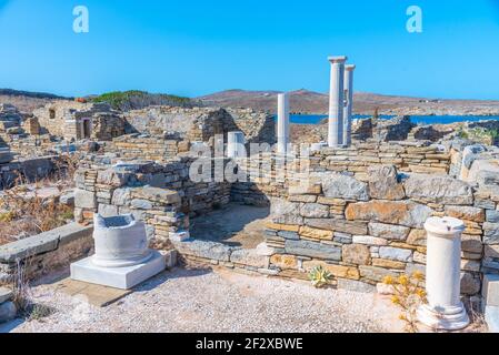 Antiche rovine dell'isola di Delos in Grecia Foto Stock