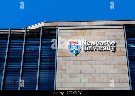 Lo stemma dell'Università di Newcastle sulla facciata di uno dei suoi edifici moderni (Newcastle upon Tyne, Regno Unito) Foto Stock