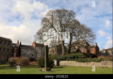 Croce medievale in piedi nel cortile della parrocchia di St Marys Chiesa di Wirksworth nel Derbyshire Foto Stock