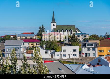 Veduta aerea della città di Borgarnes sull'Islanda Foto Stock