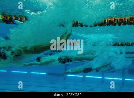 I nuotatori si tuffano in una piscina per una corsa durante un incontro di nuoto. Foto Stock